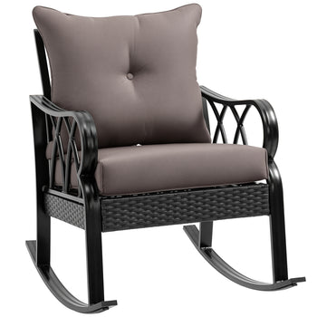 Outdoor Wicker Rocking Chair with Padded Cushions, Aluminum Furniture Rattan Porch Rocker Chair w/ Armrest for Garden, Patio, and Backyard, Gray