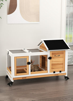 Wooden Rabbit Hutch with Wheels, Run, Slide-out Tray for Small Animals, Guinea Pig, Yellow