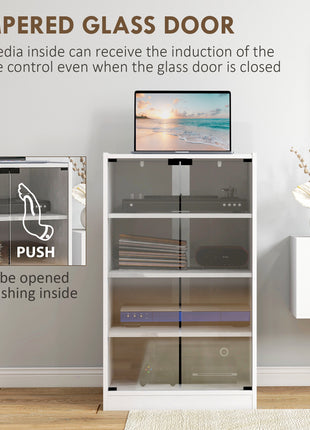 4-Tier Media Cabinet, Media Stand with Adjustable Shelves, Tempered Glass Doors, and Cable Management, Distressed White