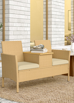 Patio Sofa Wicker Loveseat with Built-in Flip-Top Coffee Table and Cushions for Balcony, Garden, Lawn, Backyard, Khaki