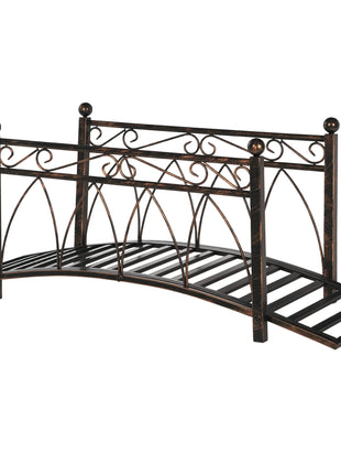 3.3' Metal Arch Zen Garden Bridge with Safety Siderails, Decorative Footbridge, Delicate Scrollwork & Corner Spheres for Stream, Fish Pond, Bronze
