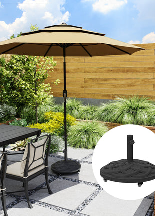 Round Patio Umbrella Base with Wheels, 44 lbs Resin Umbrella Stand Base, Heavy Duty Patio Umbrella Holder for 1.3"/1.5"/1.9" Umbrella Poles for Outdoor, Lawn, Poolside, Black