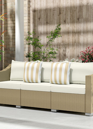 Rattan Wicker 3 Seater Patio Couch with Cushions, 2 Throw Pillows, Outdoor Furniture Rattan Sofa, Cream White