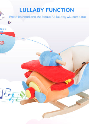 Kids Rocking Horse, Wooden Plush Ride-on Plane Chair Toy with Lullby Song and Seat Belt for 18 Month +