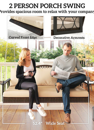 3 Person Wicker Hanging Outdoor Patio Porch Swing Bench with Cup Holders, Cushions, and Chains, Brown