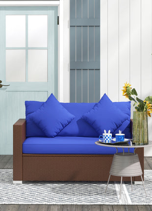 Wicker Loveseat, Patio Furniture Couch with Cushions, 2 Seat PE Rattan Sofa, 2 Throw Pillows, Blue