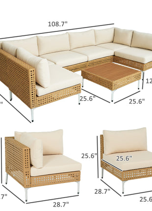 7 Piece Wicker Patio Furniture Set, Modular Outdoor Sectional with Thickened Cushions, Acacia Wood Table, Khaki/Beige