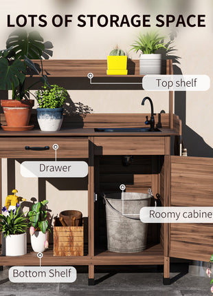 Potting Bench Table with Removable Sink, Outdoor Work Bench Table with Storage Cabinet, Hooks, Faucet and Drawer for Greenhouse, Garden, Patio, Dark Brown