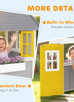 Wooden Playhouse for Kids Outdoor with Doors, Windows, Planter Pots and Boxes for Toddlers 3-8 Years, Gray
