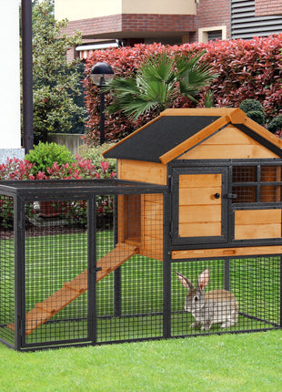 Outdoor Rabbit Cage Elevated Pet House w/ Slide-Out Tray, Natural Wood & Black