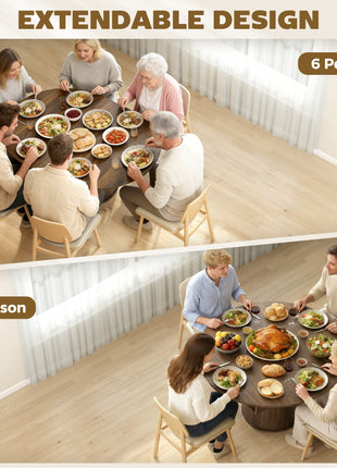 Extendable Dining Table for 6, 60" Farmhouse Kitchen Table with 2-Tier Storage Shelf and Fluted Sliding Doors, Walnut