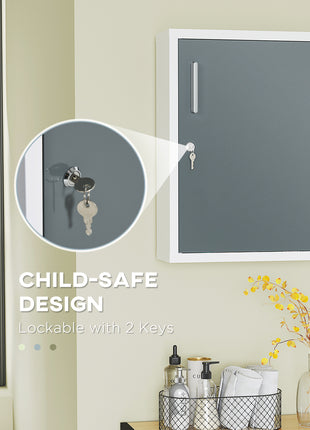 Bathroom Medicine Cabinet with Shelves Inside & On Door, Locking Medical Cabinet for Child & Pet Safety, First Aid Bathroom Wall Cabinet, White and Gray