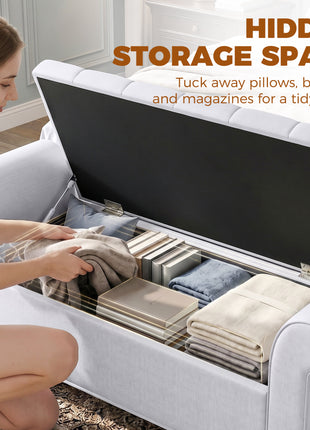 47" Storage Ottoman Bench, Tufted End of Bed Bench with Rolled Arms, Safety Hinge, Wood Legs for Bedroom, Light Gray