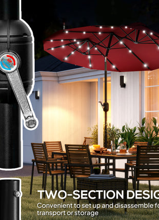 Double-sided Patio Umbrella, 9.7' Outdoor Umbrella with Tilt and Crank, LED Solar Light and 12 Ribs, Wine Red