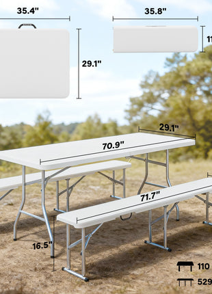 6FT 3 PCS Portable Camping Table and Chairs, Folding Picnic Table Bench Set with Carrying Handles for BBQ, Party, White