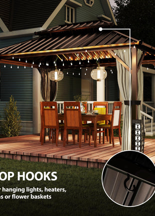 10' x 14' Hardtop Gazebo with Double Galvanized Steel Roof Canopy, Aluminum Frame Permanent Gazebo, Brown