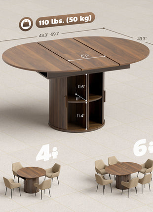 Extendable Dining Table for 6, 60" Farmhouse Kitchen Table with 2-Tier Storage Shelf and Fluted Sliding Doors, Walnut