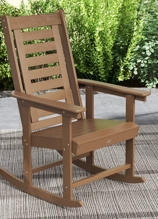 2 Pieces Outdoor Rocking Chairs, HDPE Patio Rockers with 28" High Back, Wide Armrests for Porch Backyard, Brown