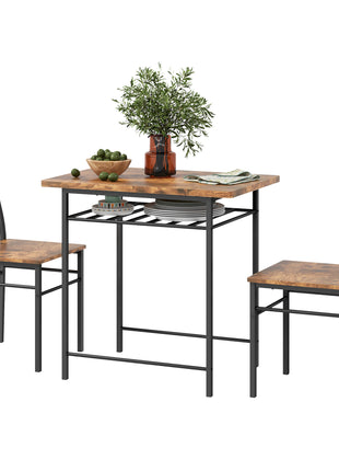 3-Piece Small Dining Table Set for 2, Kitchen Table and Chairs with Storage Rack and Steel Frame, Brown