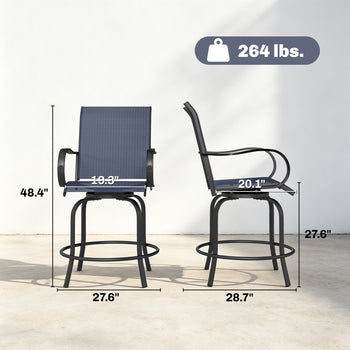 Outdoor Bar Stools Set of 2, 360° Swivel Bar Height Chairs, 26.75" x 29.5" x 48.5", Navy Blue