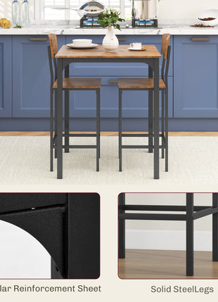 3 Piece Pub Table and Chairs, Small Kitchen Table and Chairs, Square Dining Table with 2 Stools, Walnut and Black