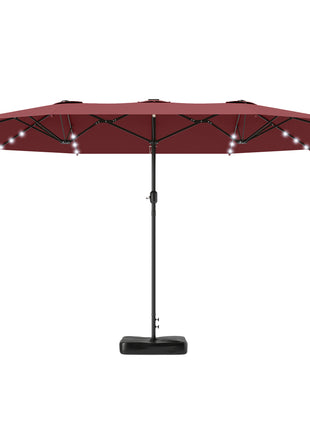 Garden Parasol 14.4ft Double-Sided Sun Umbrella with Base, Patio Parasol with LED Solar Lights, Wine Red