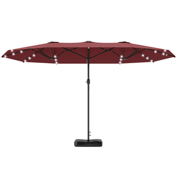 Garden Parasol 14.4ft Double-Sided Sun Umbrella with Base, Patio Parasol with LED Solar Lights, Wine Red