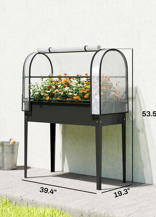 Raised Garden Bed with Flip-Up Greenhouse Cover, Metal Elevated Garden Bed with Legs and Drainage Hole, Black