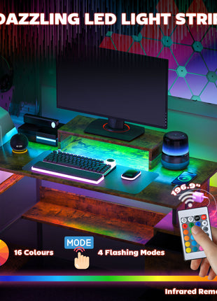 56" Computer Desk with Storage, Computer Table with Power Outlets and LED Lights, Rustic Brown