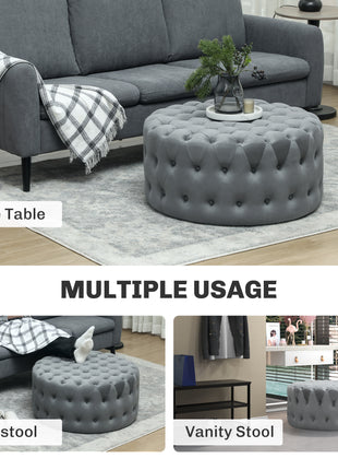 Round Ottoman Coffee Table with Velvet-feel Upholstery, Button Tufted Design and Padded Seat, Dark Gray