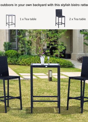3 PCS Rattan Bar Set with Glass Top Table, 2 Bar Stools for Outdoor, Patio, Garden, Poolside, Backyard