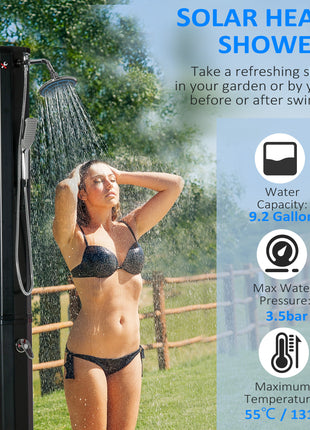 7' Outdoor Solar Heated Shower with 360 Rotating Rainfall & Handheld Shower Head, Foot Shower Faucet, Temperature and Pressure Adjustable, Holds 9.2 Gallons for Backyard Pool