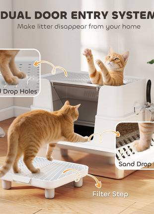 XL Stainless Steel Litter Box w/ 100° Flip Top, Scoop, Step, Top & Side Entry Enclosed Litter Box for Big Cats