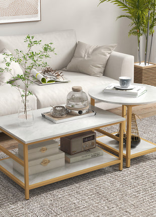 Coffee Tables Set of 2, Rectangle and Round Coffee Table with Storage Shelves, Faux Marble Top, Living Room Table Set