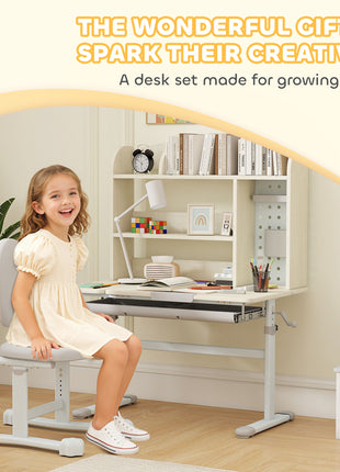 Kids Study Desk and Chair Set with Adjustable Height, Tiltable Desktop, Hutch and Drawer for Ages 3-12, Gray