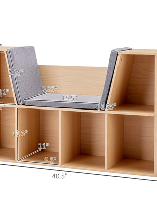 6-Cubby Kids Bookcase with Reading Nook and Cushion, Multi-Purpose Storage Organizer for Bedroom, Living Room, Natural