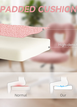 Armless Computer Desk Chair, Office Task Chair, Teddy Fleece Heart Makeup Vanity Chair with Swivel Wheels, Pink