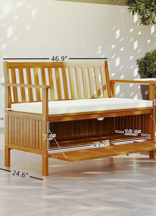 Outdoor Bench with Storage Compartment, Acacia Wood Patio Bench with Cushion, 2 Seater Garden Bench, Teak