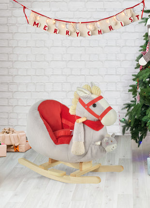 Kids Ride-On Rocking Horse Toy, Rocker with Lullaby Song, Hand Puppets & Soft Plush Fabric for Children 18-36 Months, Gray