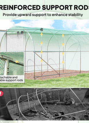 Hoop House Greenhouse, Walk-in Tunnel Greenhouse with 2 Support Rods, Zippered Roll-up Mesh Door, 14.6'x6.5'x6.6', Green