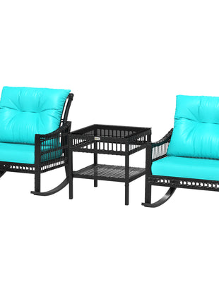 3 Piece Outdoor PE Rattan Rocker Chair Set, Rocking Chair with Tempered Glass Table Top, Turquoise Green