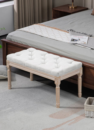 32" Linen Upholstered Bedroom Bench, French End of Bed Bench with Thick Padded Cushion and Wooden Legs, Cream White