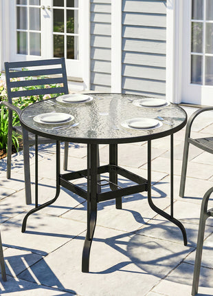 38" Round Patio Table with Umbrella Hole, Tempered Glass Outdoor Dining Table, Black