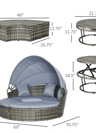 4 Piece Round Rattan Daybed, Convertible Patio Furniture Set, Adjustable Sun Canopy, Sectional Outdoor Sofa, 2 Chairs, Extending Tea Table Ottoman Chair, 3 Pillows, Light Gray