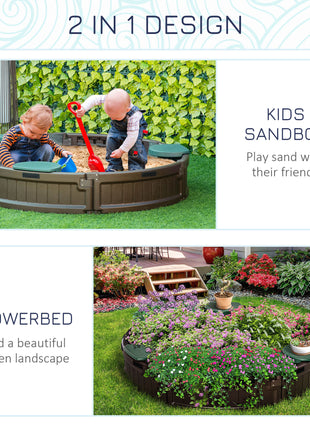 Kids Outdoor Sandbox with Cover Garden Bed Sand Pit, Easy Assembly Children's Round Sandbox for Backyard, Brown, 48.5" x 48.5" x 8.75"