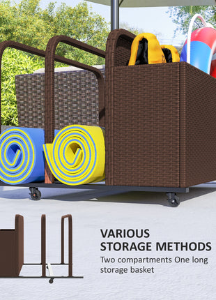 PE Rattan Pool Float Storage Organizer with Wheels, Brown