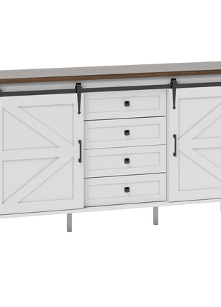 59" Buffet Cabinet, Farmhouse Sideboard with Thick Top, 2 Barn Doors, 4 Drawers and 2 Adjustable Shelves, White