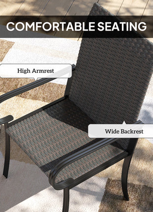 Set of 2 Outdoor Wicker Dining Chairs with Armrest, Steel Frame, High Back and Deep Seating, Brown