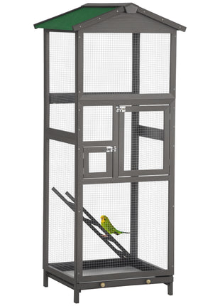 65" Wooden Bird Cage Outdoor Aviary House for Parrot, Parakeet, with Pull Out Tray and 2 Doors, Grey