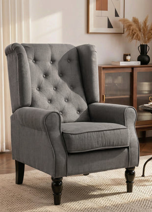 Wingback Accent Chair for Living Room, Button-Tufted Lounge Chair with Round Armrests and Wood Legs, Dark Gray